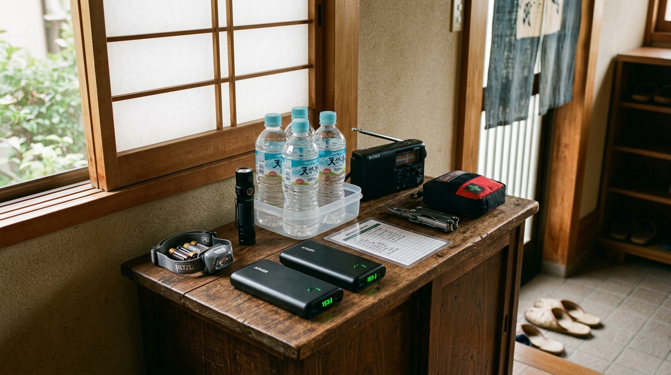 自宅で整えられた非常持ち出しセットとモバイルバッテリー