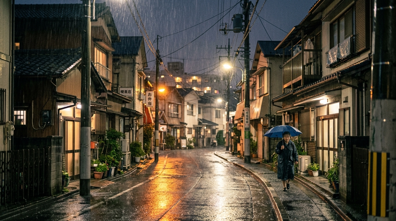 夜間の豪雨に見舞われる日本の住宅街