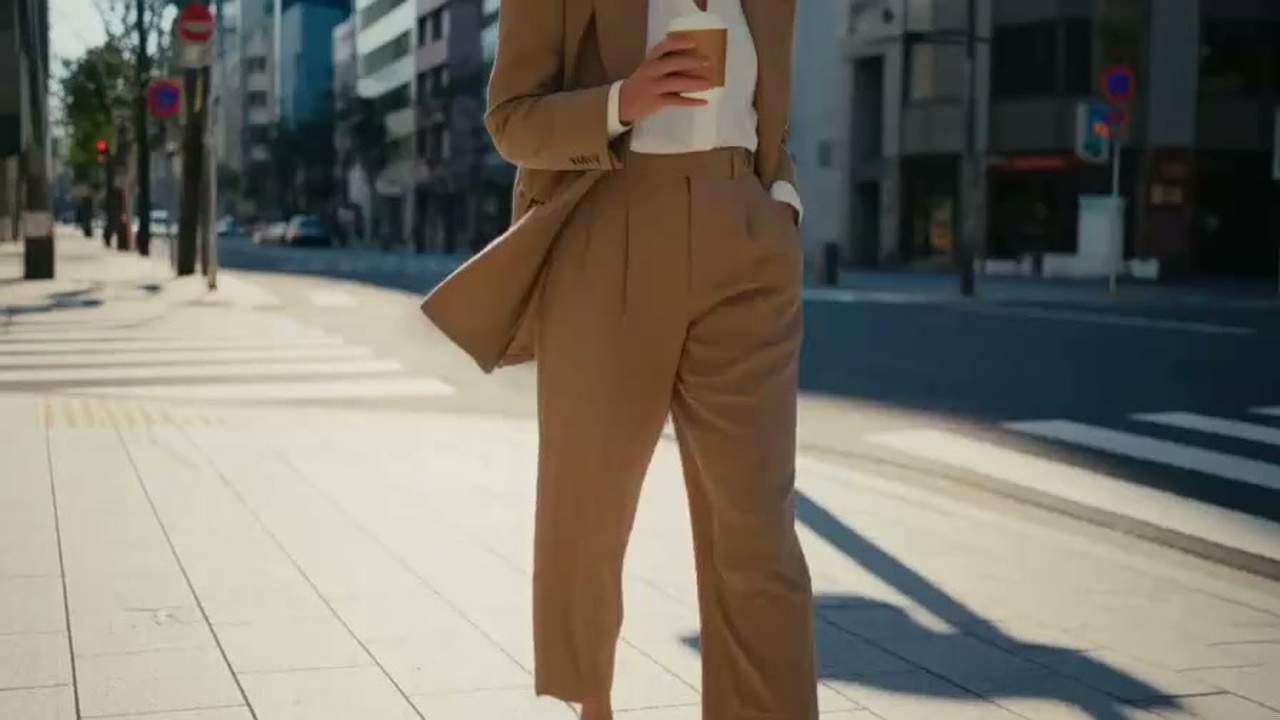 朝の木漏れ日の中を笑顔で歩きながらコーヒーを手にする人のスナップ