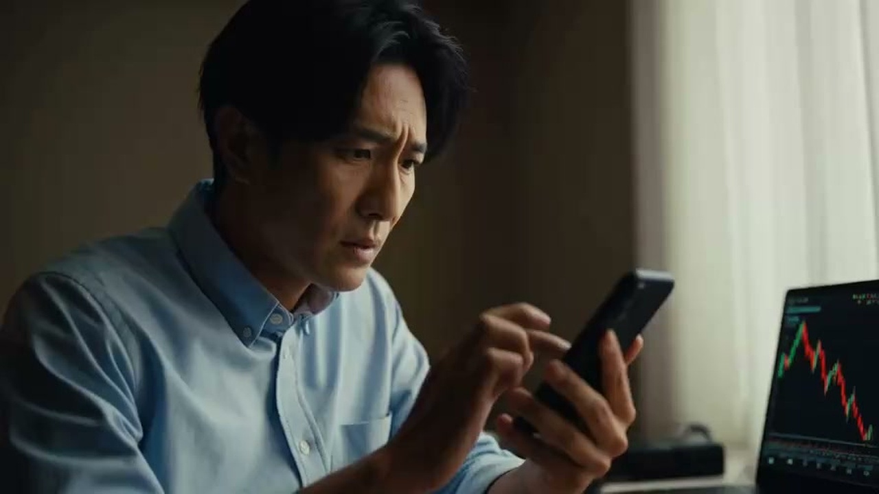 スマホの株式チャート急落を見て頭を抱える個人の様子