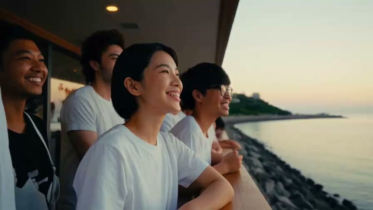 夕暮れの那覇ウォーターフロントで未来を語り合う若手ビジネスパーソン