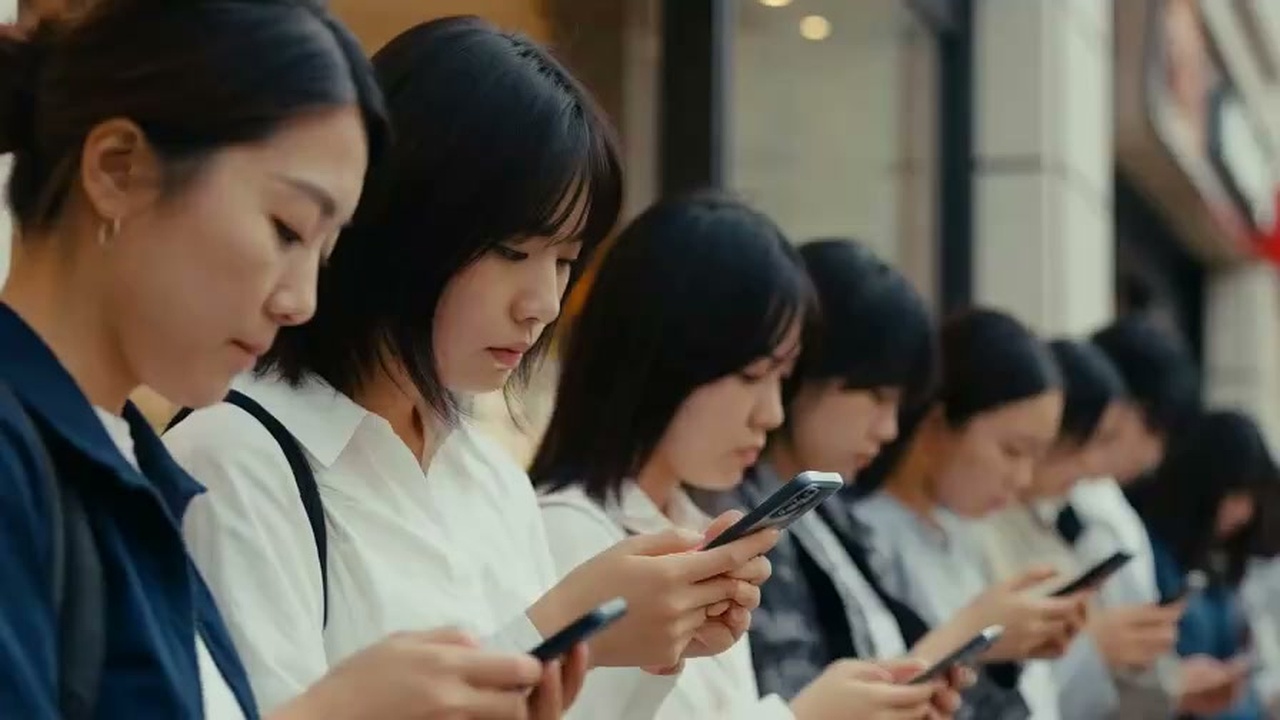 ショッピングモールの前で整理券の案内を確認しながら並ぶ人々の様子