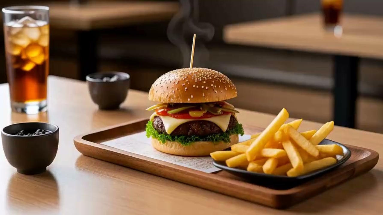ウッドトレイに置かれた美味しそうな限定ハンバーガーとフライドポテトの写真