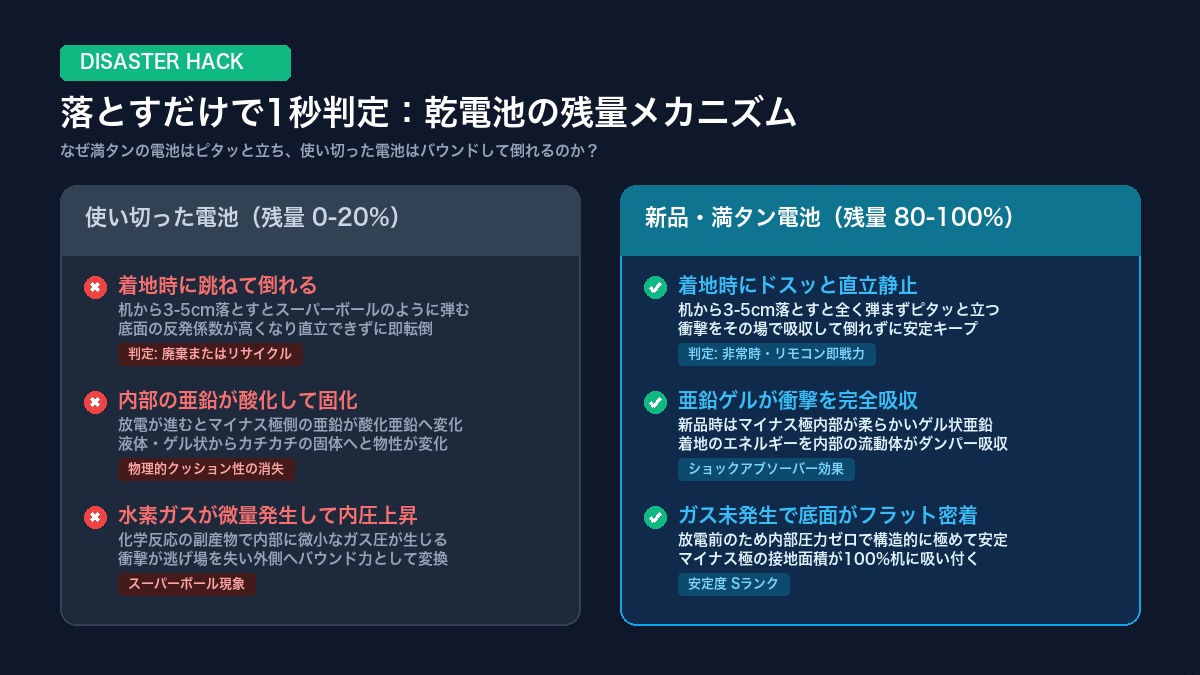 落とすだけで1秒判定 乾電池残量メカニズム インフォグラフィック
