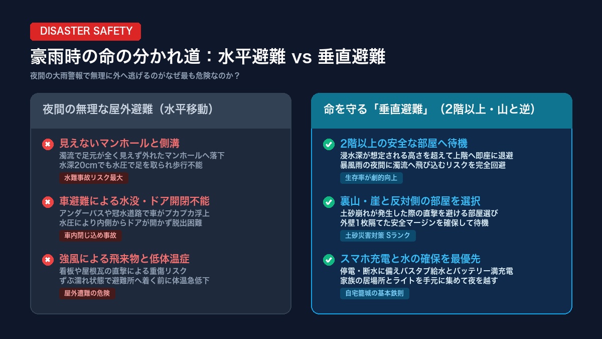 水平避難 vs 垂直避難 比較インフォグラフィック