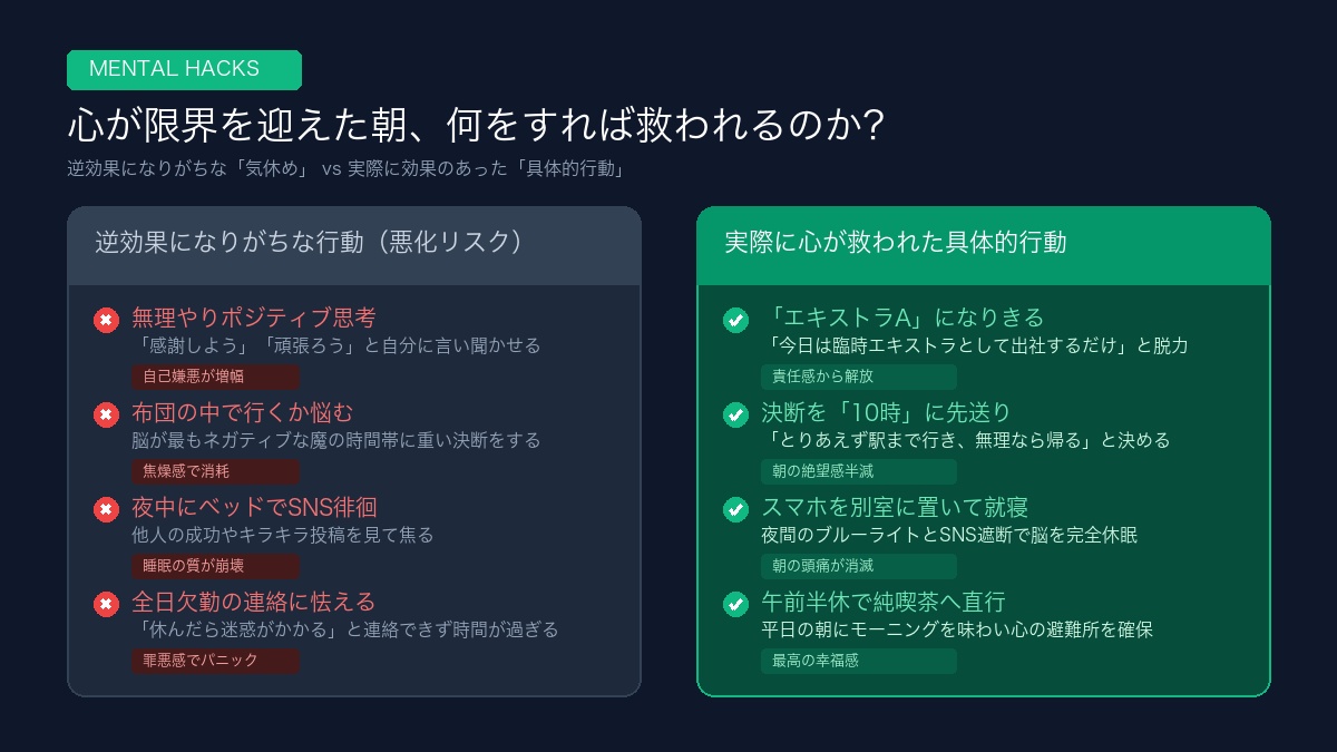 心の限界を迎えた朝の具体的行動 比較インフォグラフィック