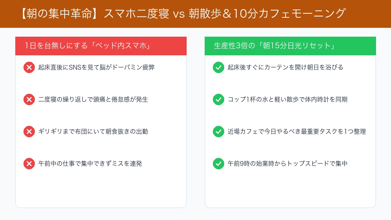 朝の悪習慣と理想のモーニングルーティンの集中力比較インフォグラフィック