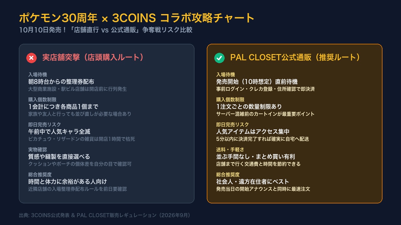 ポケモン×3COINSコラボの購入ルート別のメリットとリスクを比較したインフォグラフィック