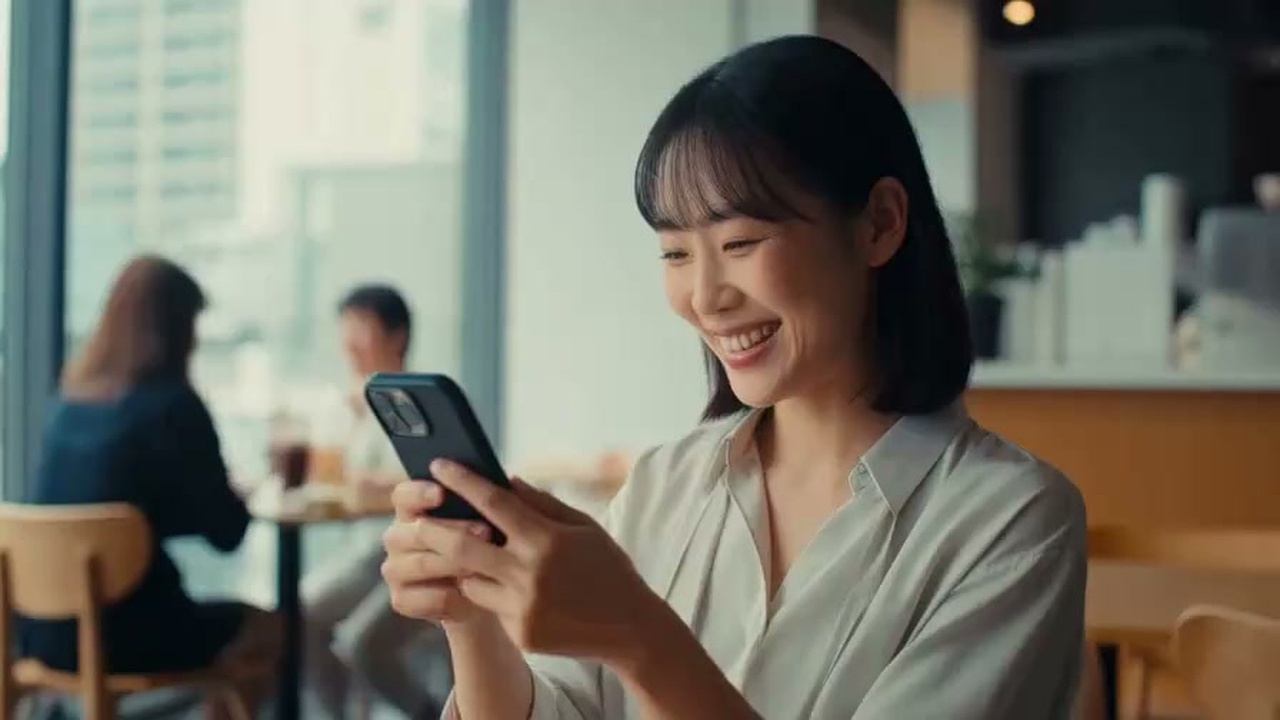 カフェで新NISAのポートフォリオを確認しながら微笑む日本人