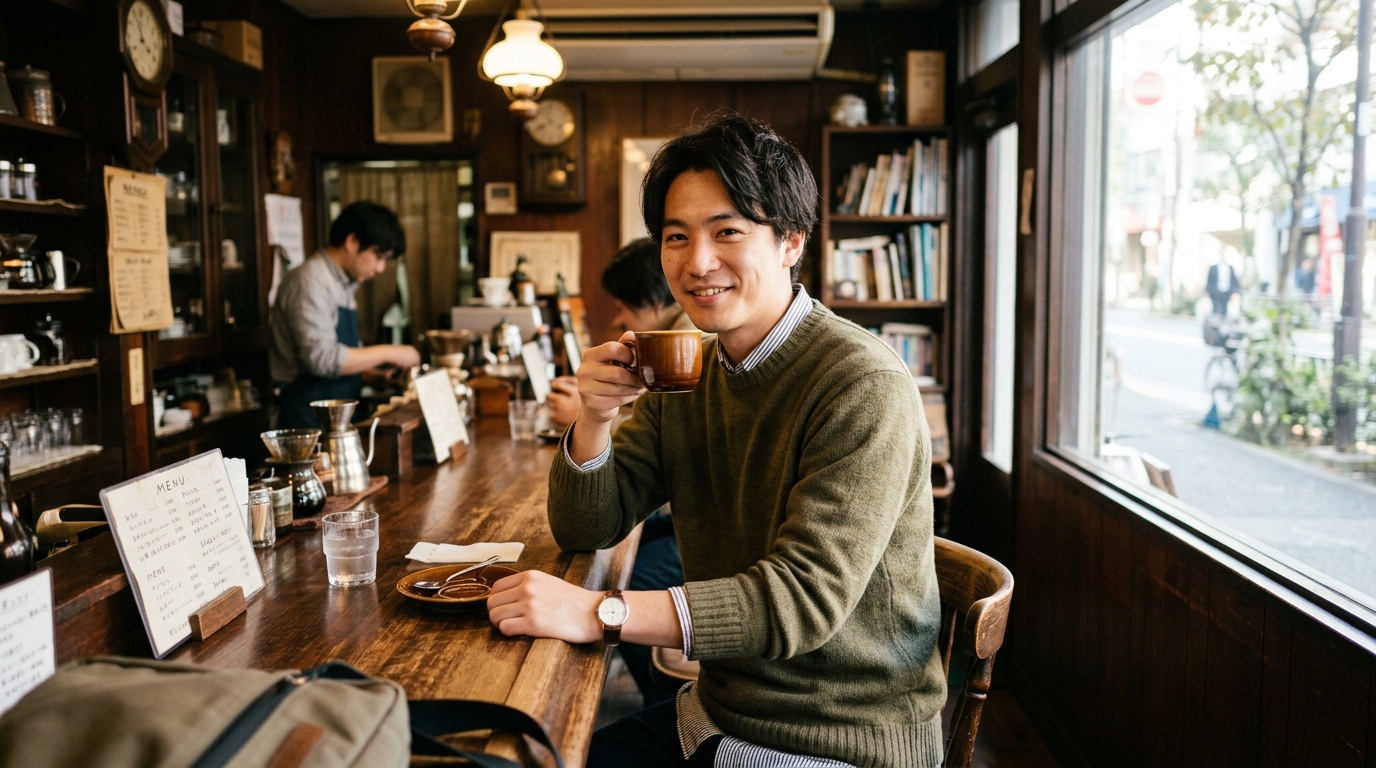 レトロ喫茶店でコーヒーを飲み安らぐ男性