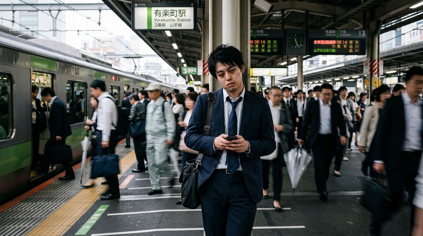有楽町駅のホームで立ち尽くすサラリーマン
