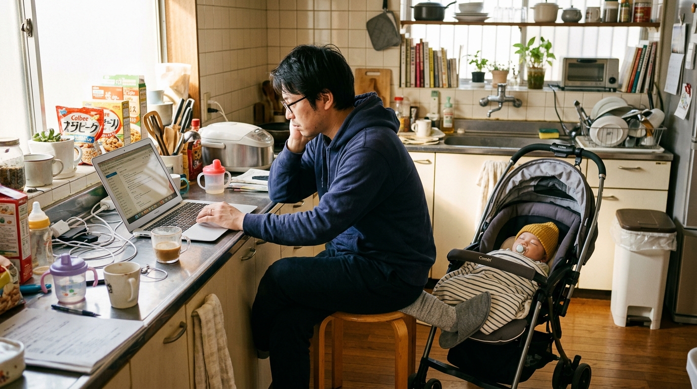 キッチンで育児と仕事に奮闘する父親