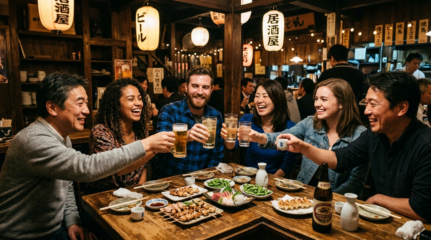 伝統的な日本の居酒屋で地元の人と笑顔で乾杯する外国人旅行者たち