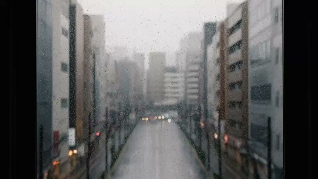 激しい雨が窓ガラスを打ち付ける都心の光景