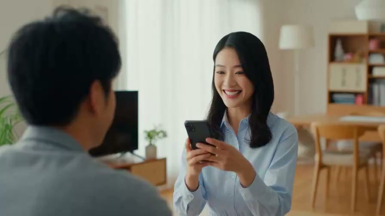 家計簿アプリを見直して笑顔を見せる日本人