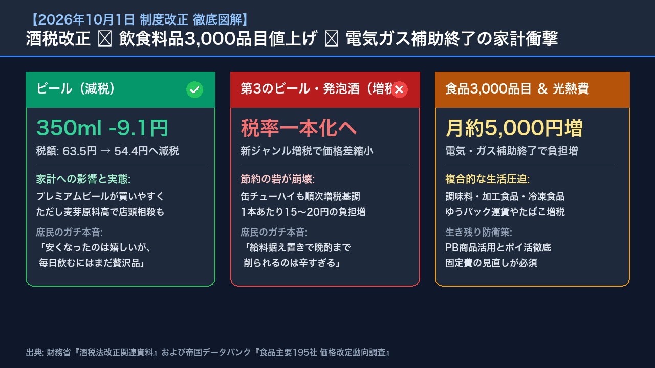 【徹底図解】2026年10月1日 酒税改正と食品値上げ・光熱費負担の全体像