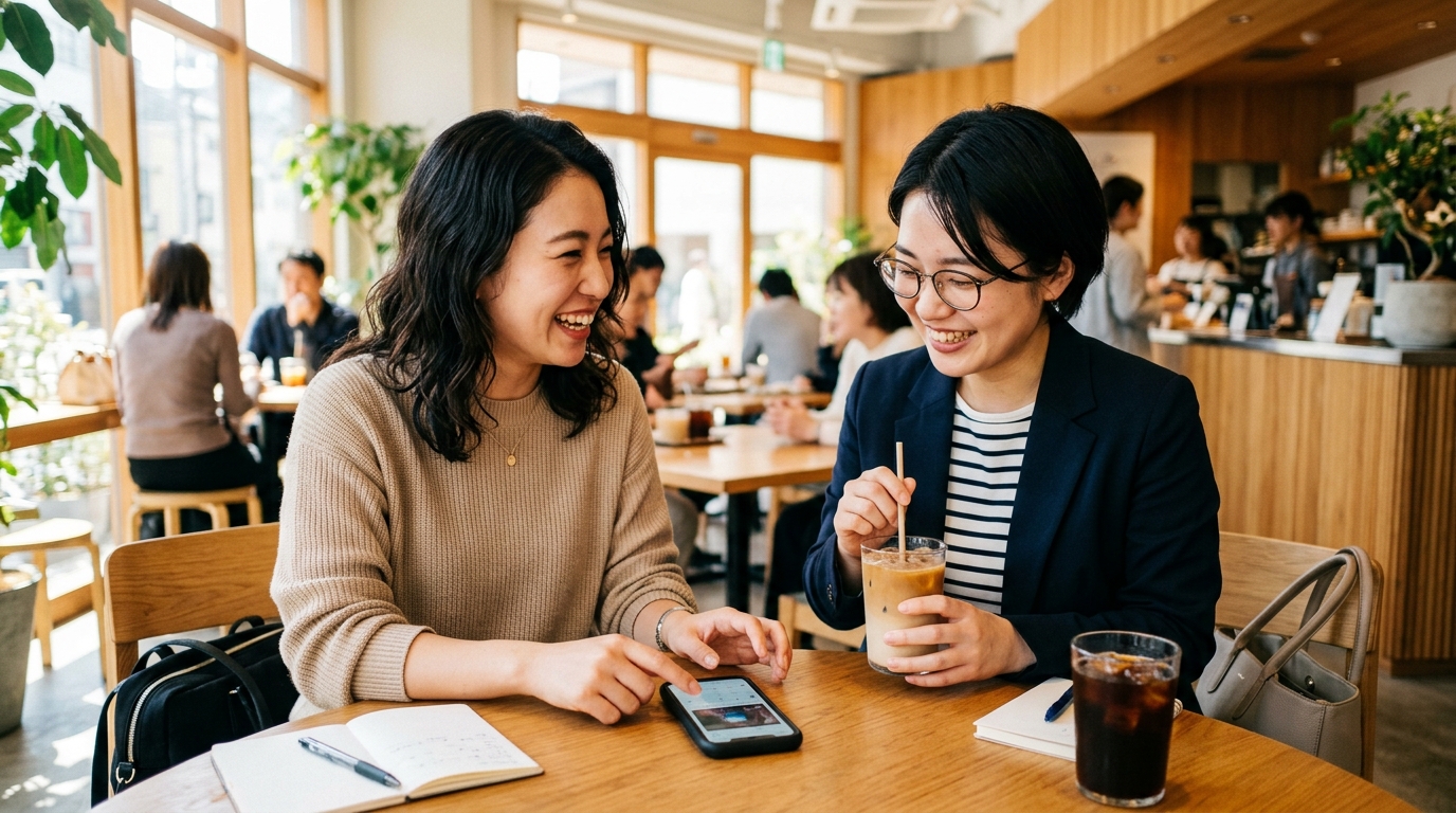 カフェで新iPhoneについて語り合う同僚たち
