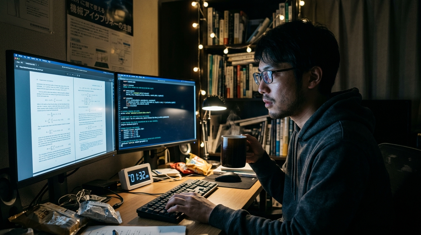 深夜に数式論文を見つめるAIエンジニア
