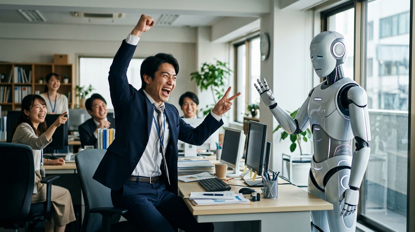 オフィスのデスクでAIロボットにジャンケンで勝って大喜びする日本人男性社員と同僚たち