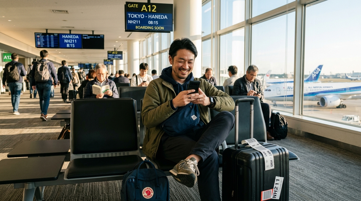 空港ゲートでスマホを手に穏やかに待つ日本人旅行者