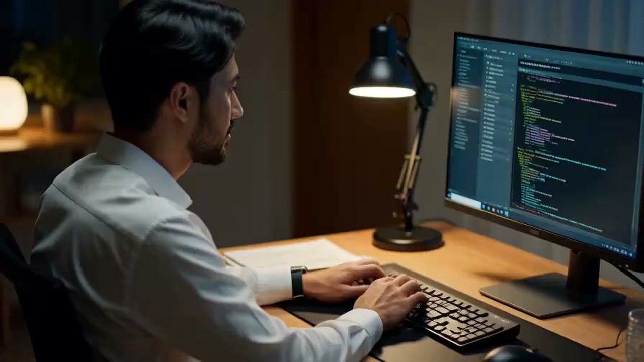 夜遅くまでPC画面でAIチャットと格闘しながら手動作業に追われる開発者の姿