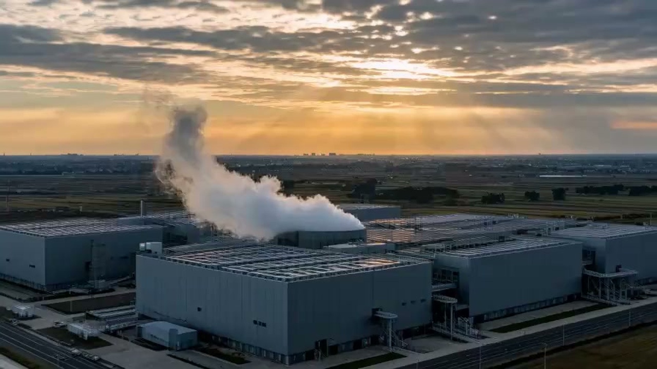 最新の小型原子力発電所と広大なデータセンターが直結している近未来の工業風景