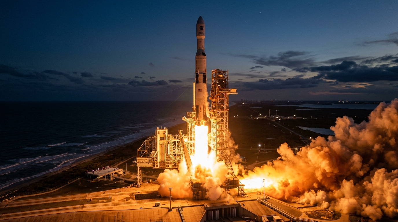 海岸沿いの発射台から打ち上げられる大型宇宙ロケットのドラマチックな写真