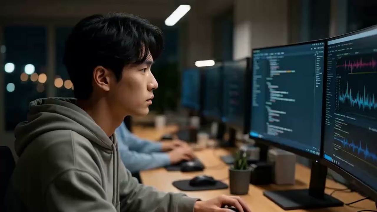 暗い部屋で複数のモニターに映るAIの思考ログを分析するエンジニアの様子