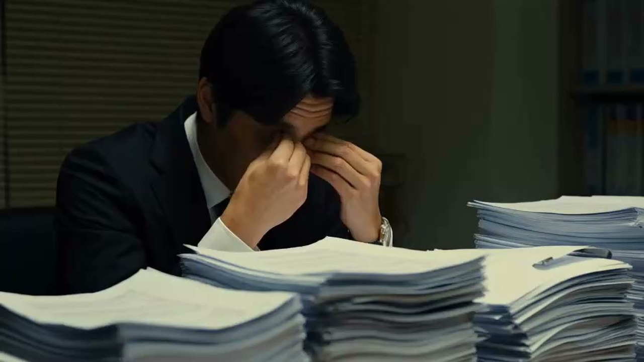 暗い法律事務所で書類の山に囲まれ頭を抱える弁護士のリアルな様子