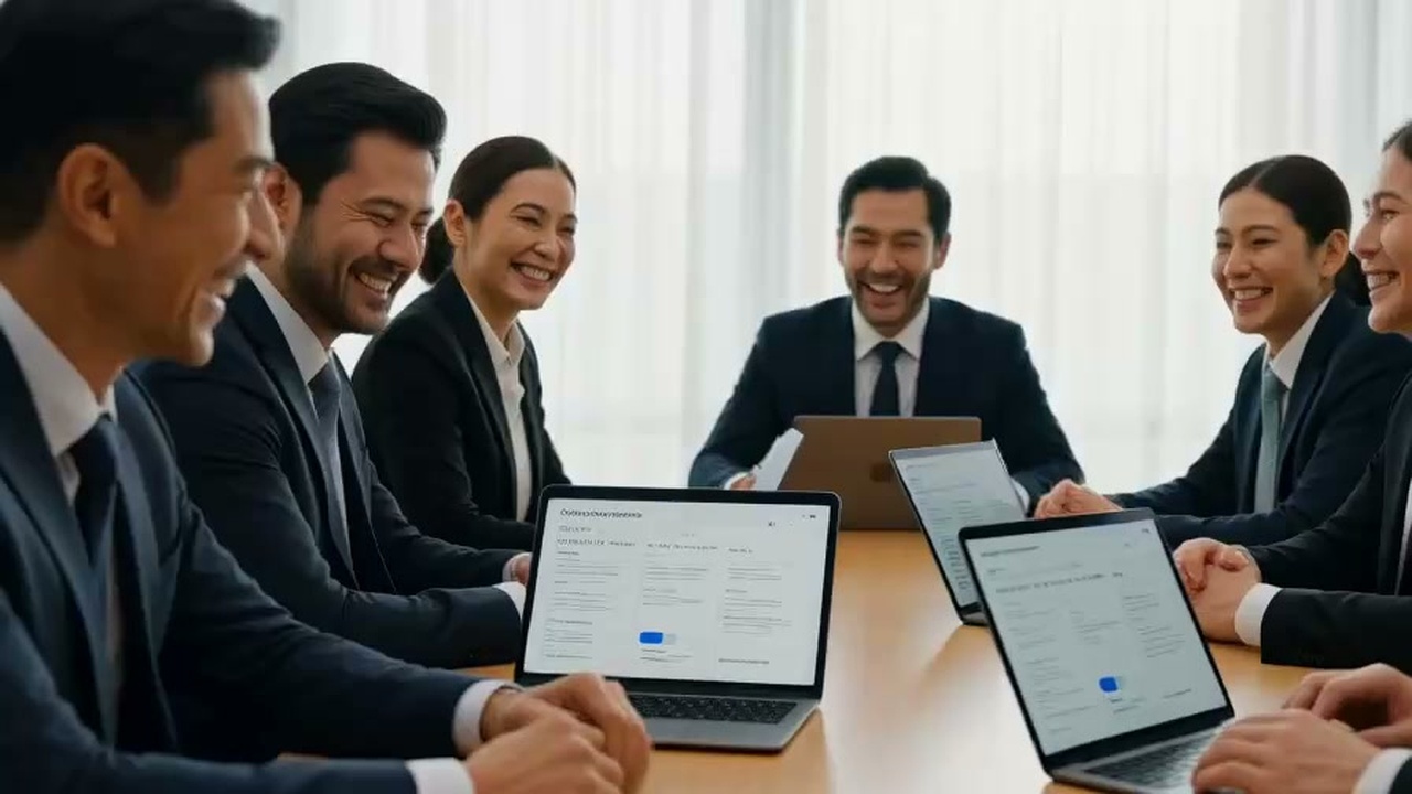 明るい会議室でタブレットを見ながら打ち合わせを行うビジネスパーソンたちのスナップ