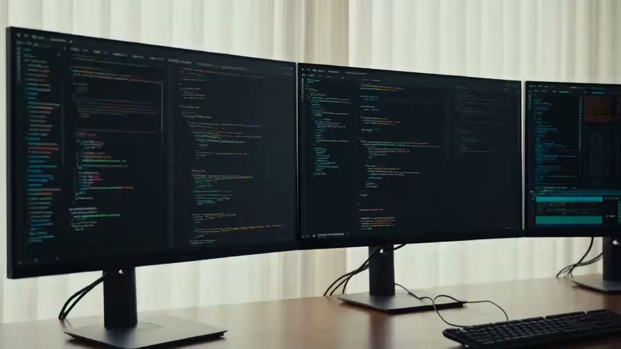 暗いオフィスで複数のワイドスクリーンに映し出されるAIのコード実行画面