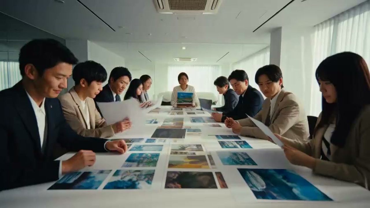 明るい現代的なオフィスでデザイン画を囲み真剣に意見を交わすゲーム開発スタッフたち