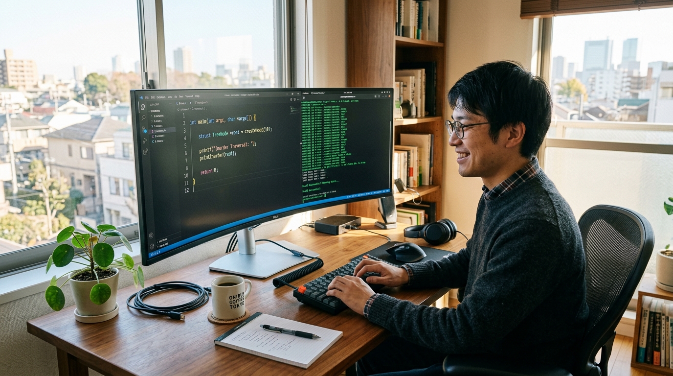 明るい東京のオフィスでC言語コードのビルド成功と実行ログを前に微笑むエンジニア