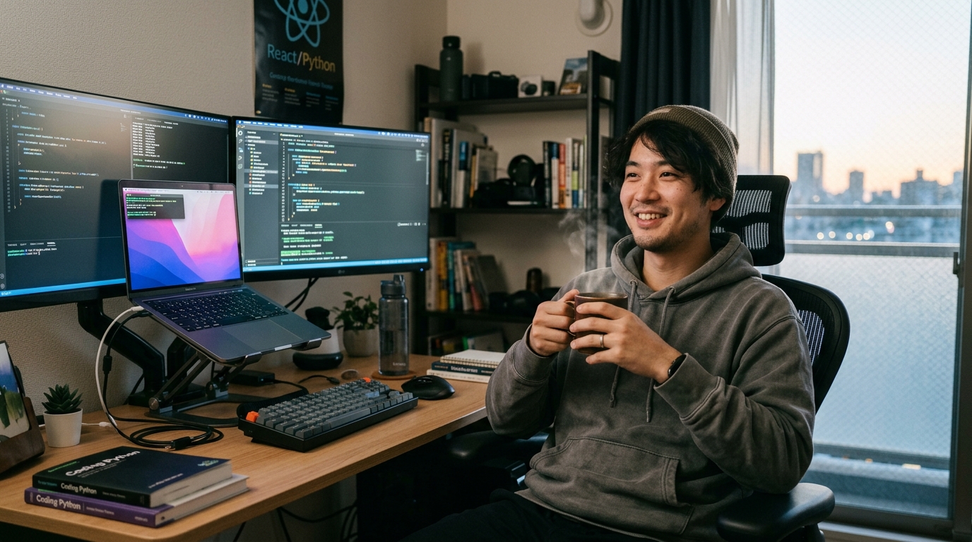 夜明けのデスクでコーヒーを片手に達成感に浸るプログラマー