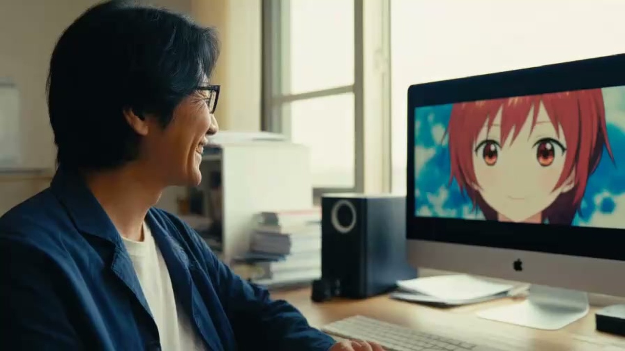 美しいアニメ動画の再生画面を前に満面の笑顔で喜ぶ日本人研究者