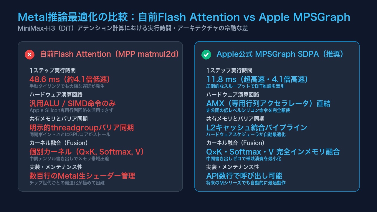 自作MetalカーネルとApple公式MPSGraphのアーキテクチャや実行速度を比較したインフォグラフィック