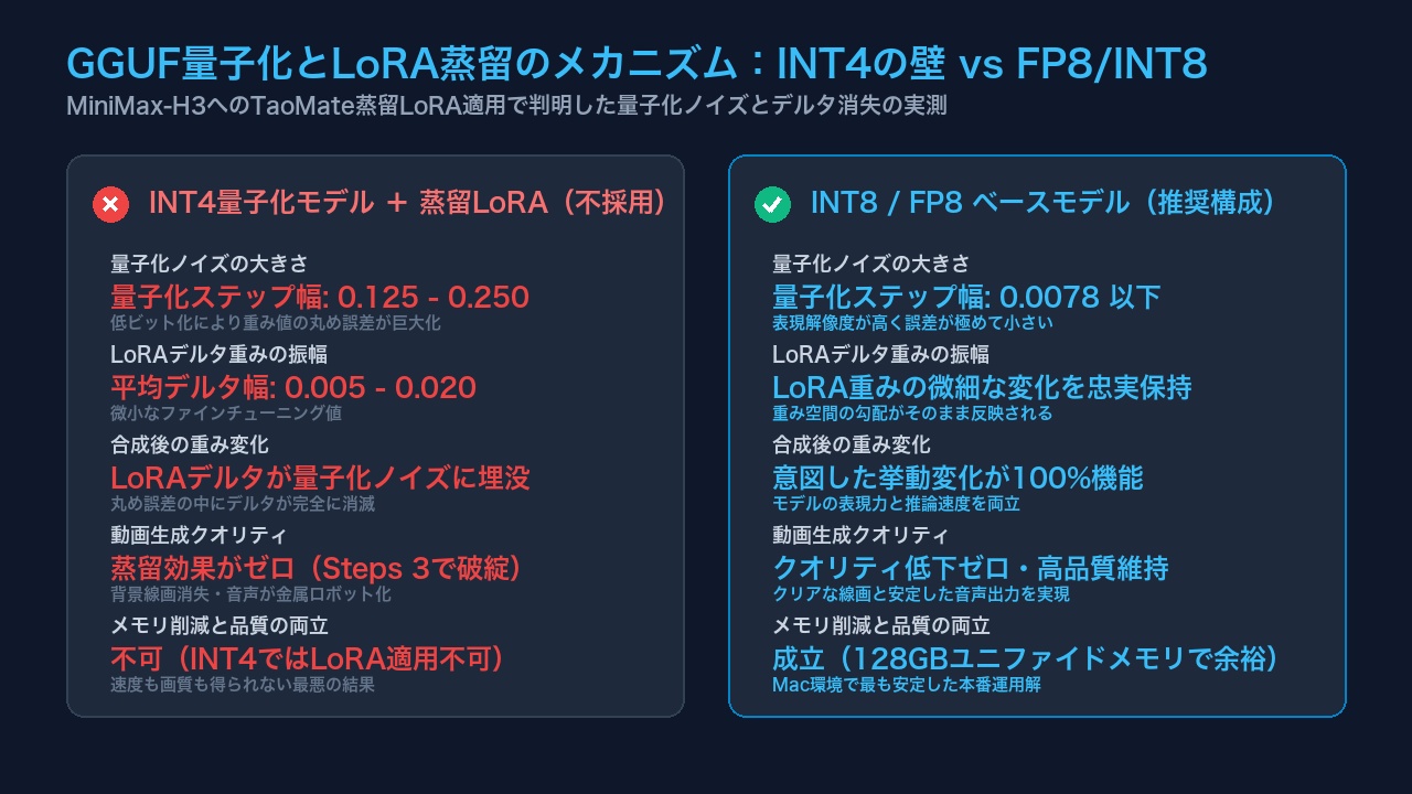 INT4の丸め誤差にLoRAのデルタ重みが埋没して消滅するメカニズムを図解したインフォグラフィック