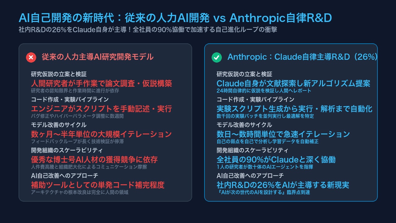 従来のAI開発プロセスとClaude自身による研究開発サイクルの速度や構造を比較したインフォグラフィック