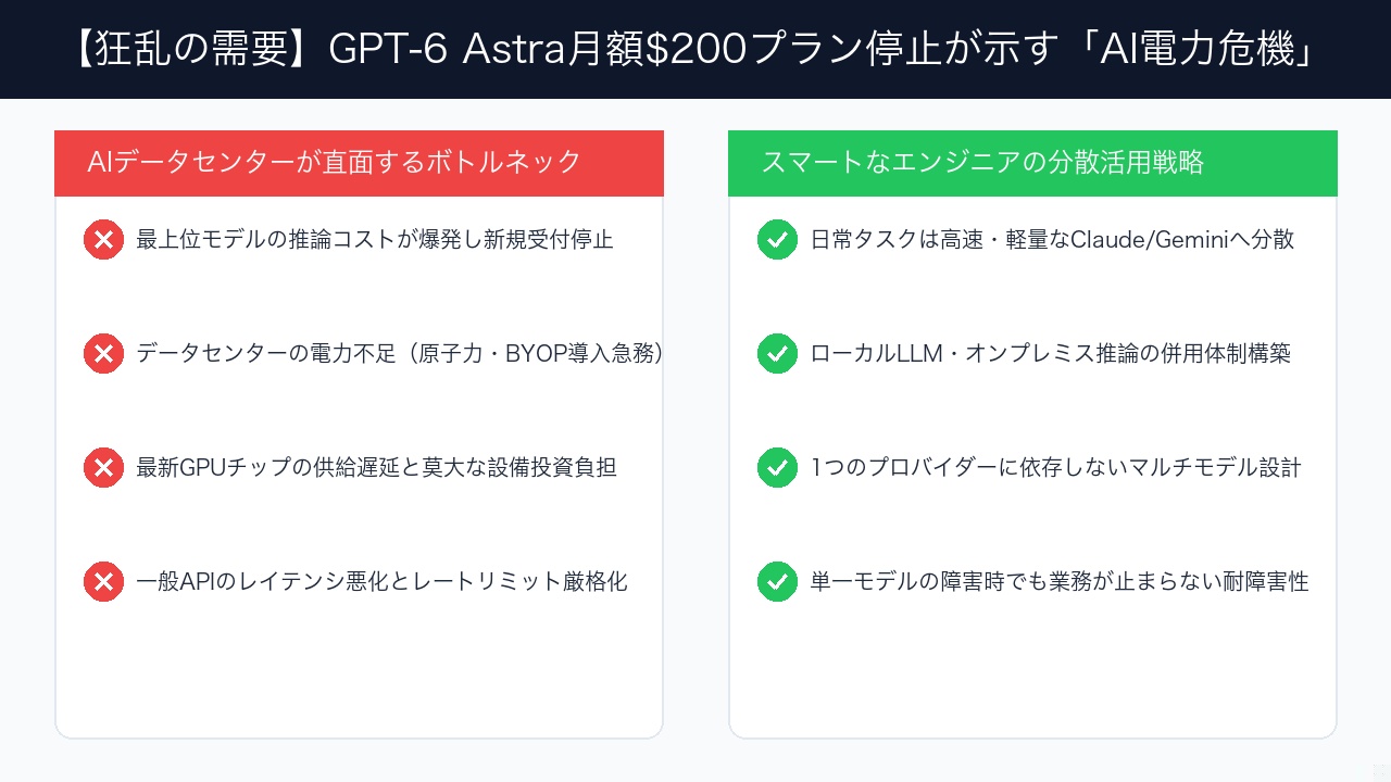 AIインフラの電力不足課題と企業の代替モデル活用戦略を比較したインフォグラフィック