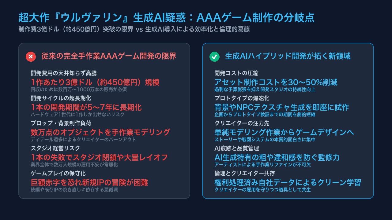 AAAゲームの制作費高騰と生成AI導入によるコスト削減や倫理的課題を対比したインフォグラフィック