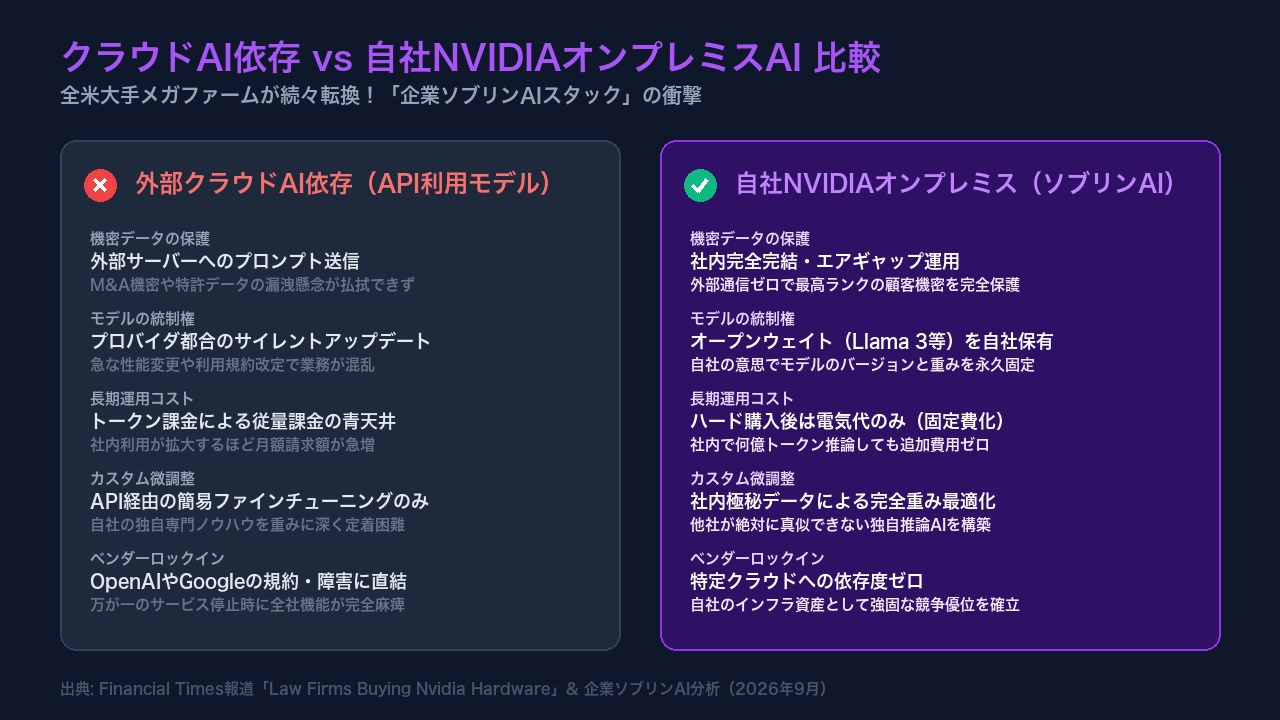 クラウドAIと自社NVIDIAハード運用の機密データ保護や長期コストを比較したインフォグラフィック