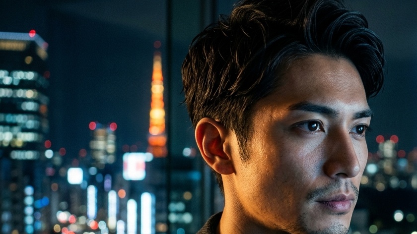 東京の夜景を背景に思索にふける日本人男性ビジネスパーソン